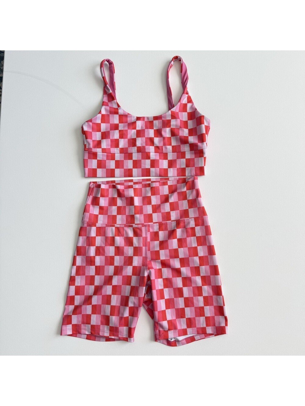 Beach Riot Sport Set Large Pink Gingham Sports Bra Biker Shorts Matching